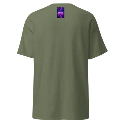 Olive green t-shirt back view with small purple digital graphic near neckline
