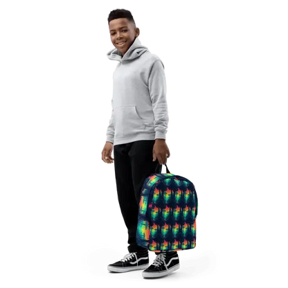Smiling boy in gray hoodie and black pants holding colorful tie-dye patterned backpack