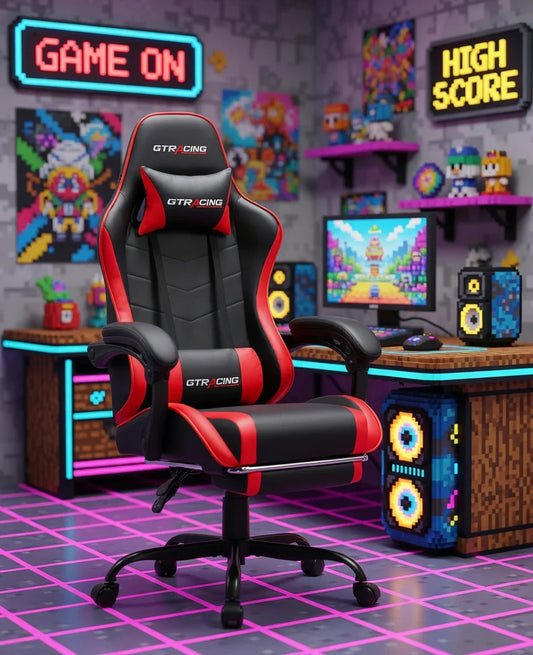 Red and black gaming chair in a retro 8-bit themed gaming setup with pixel art decor.
