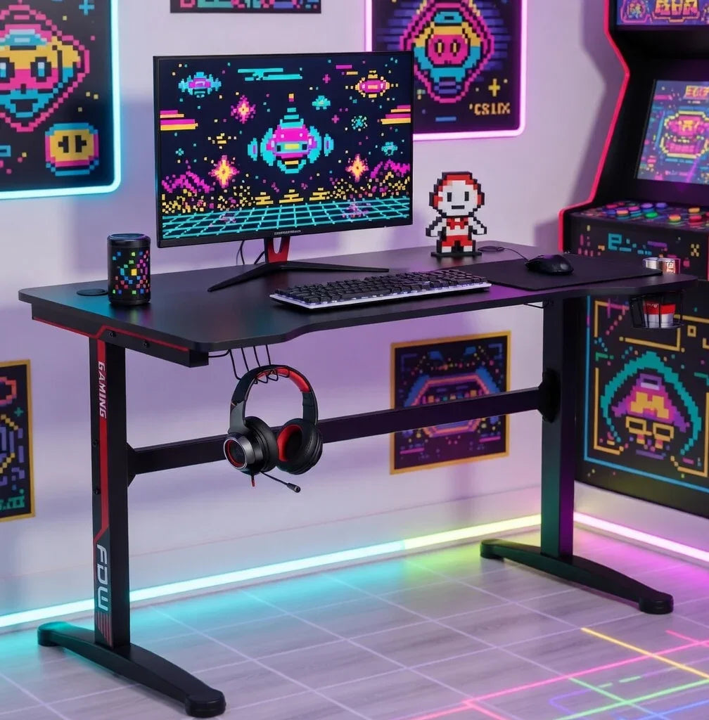 Retro gaming desk setup with 8-bit art, LED lights, monitor, keyboard, and arcade machine