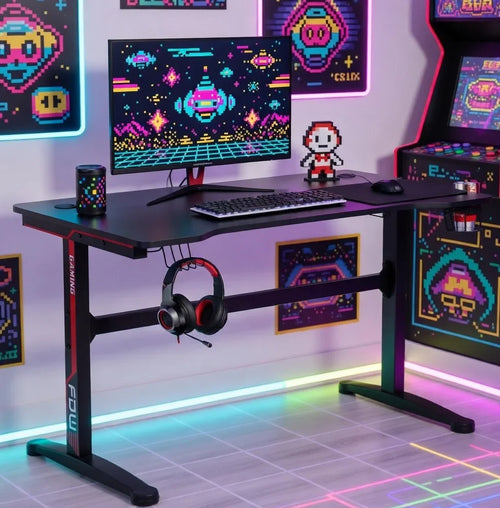 Retro gaming desk setup with 8-bit art, LED lights, monitor, keyboard, and arcade machine