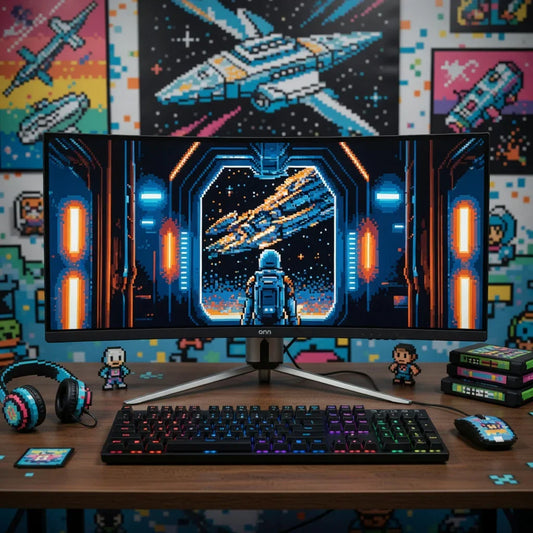 Retro gaming setup with RGB keyboard, pixel art headset, and 8-bit style space art on monitor