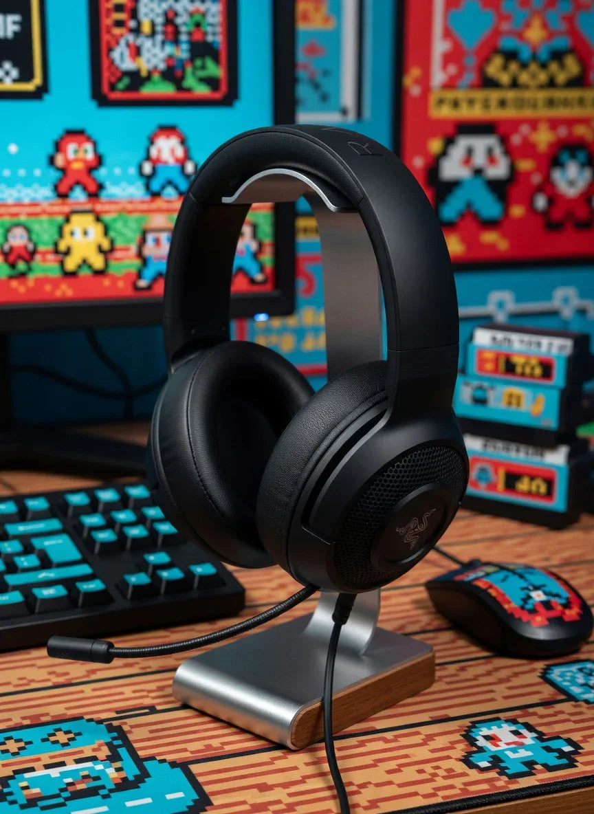 Black gaming headset with microphone on stand, retro 8-bit gaming setup, mechanical keyboard