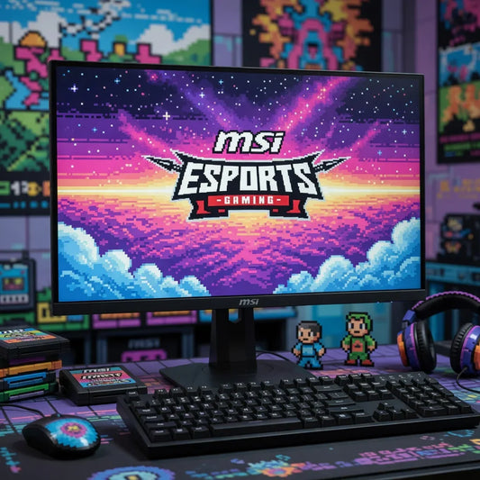 Retro gaming setup with MSI monitor, mechanical keyboard, gaming mouse, headset, and 8-bit pixel art decor