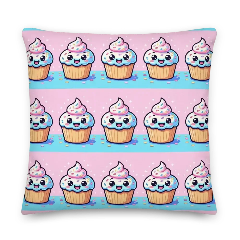 Cute kawaii cupcake pillow with pink background and smiling cartoon cupcakes
