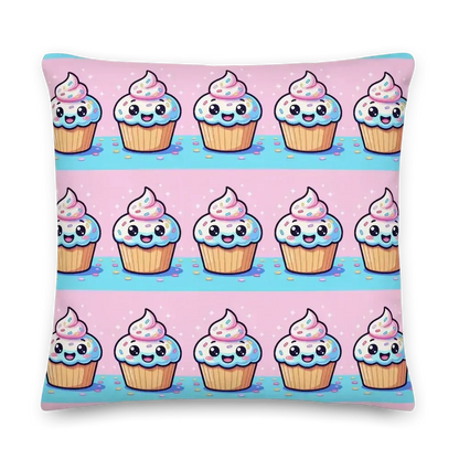 Cute cartoon cupcake pattern pillow with pink frosting and colorful sprinkles on blue and pink background