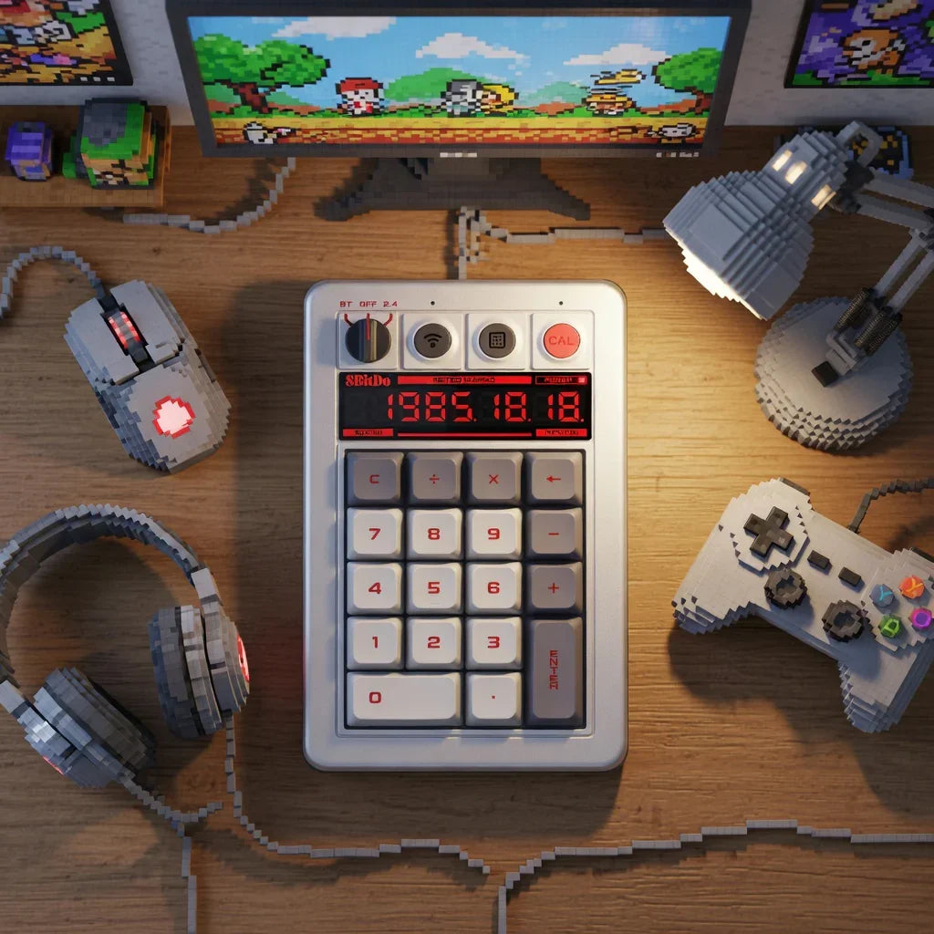 Retro 8-bit style gaming setup with pixelated mouse, headset, controller, calculator, and monitors.