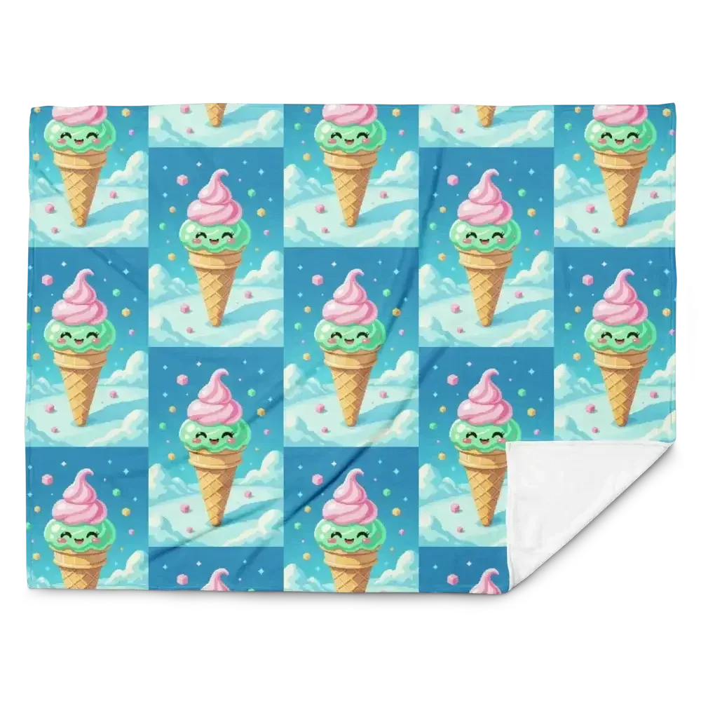Cute ice cream cone pattern with smiling mint and pink swirl scoops on blue background blanket