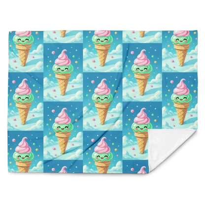 Cute ice cream cone pattern with smiling mint and pink swirl scoops on blue background blanket