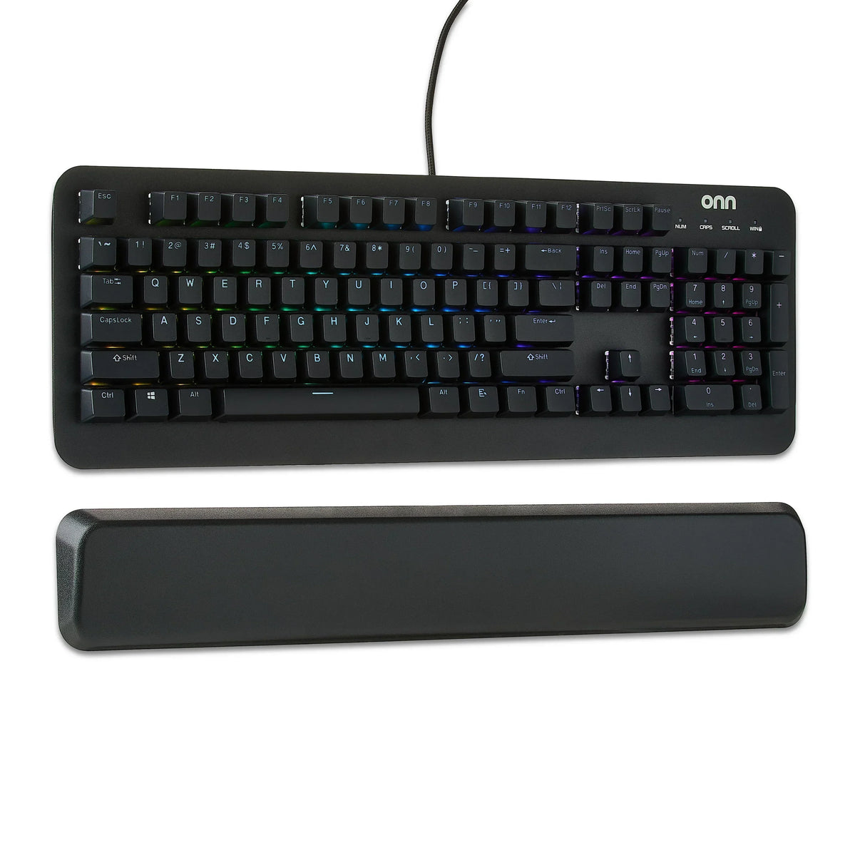 Onn black mechanical gaming keyboard with RGB LED lighting and detachable wrist rest