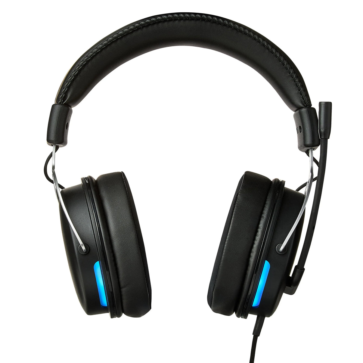 Black over-ear gaming headset with padded headband, cooling gel earpads, and blue LED lights