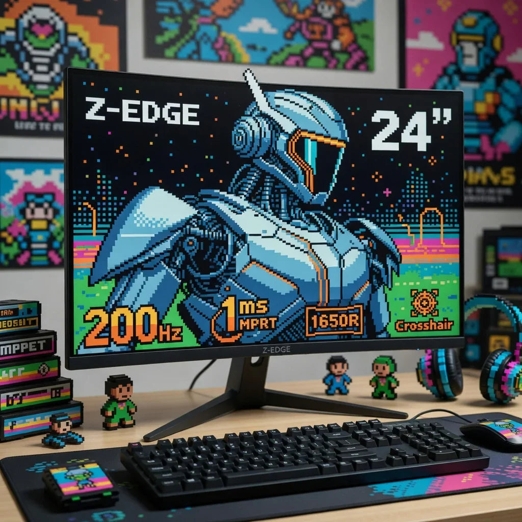 24-inch gaming monitor with retro 8-bit robot art, keyboard, mouse, and pixel figurines