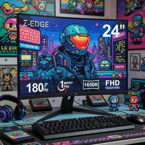 24-inch gaming monitor with retro 8-bit pixel art, RGB keyboard, and gaming headset