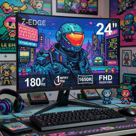 24-inch gaming monitor with retro 8-bit pixel art, RGB keyboard, and gaming headset
