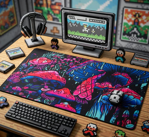 Retro 8-bit gaming desk setup with pixel art monitor, neon mushroom mouse pad, and keyboard