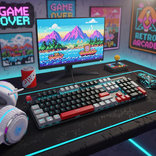Retro gaming setup with RGB mechanical keyboard, gaming mouse, headset, and pixel art monitor