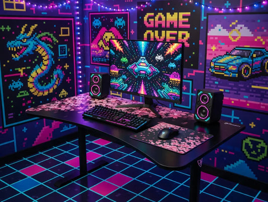 Retro 8-bit gaming setup with RGB lights, pixel art wall decor, mechanical keyboard, and dual speakers.