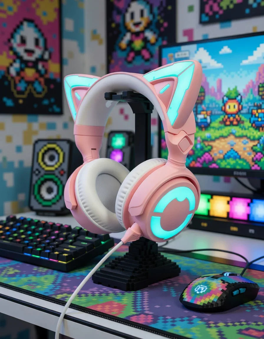 Pink cat ear gaming headset with RGB lights on a desk, surrounded by retro 8-bit gaming gear