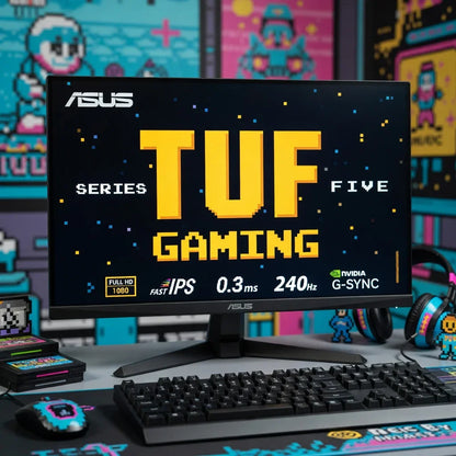 ASUS gaming monitor on desk with mechanical keyboard, retro 8-bit themed accessories and decor