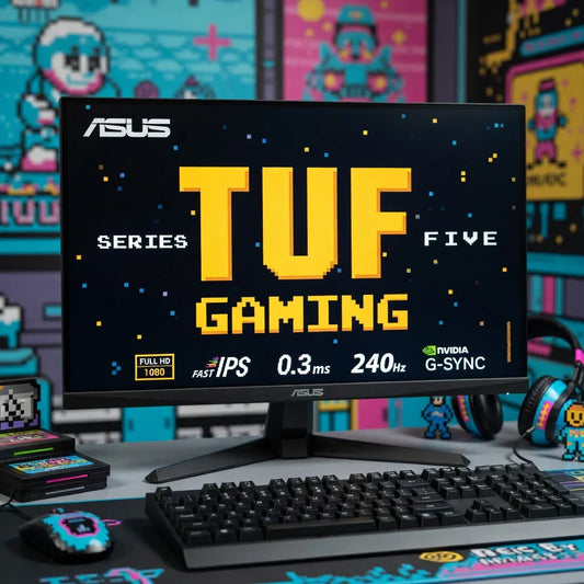 ASUS gaming monitor on desk with mechanical keyboard, retro 8-bit themed accessories and decor