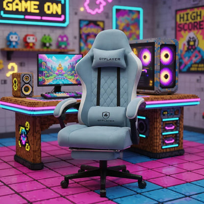 GTPLAYER ergonomic gaming chair in retro 8-bit themed gaming setup with colorful RGB lighting.
