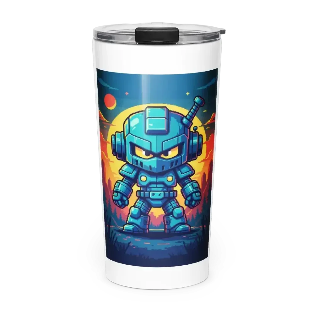 White tumbler with pixel art blue robot warrior and fiery sunset background