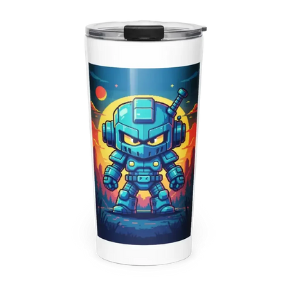 White tumbler with pixel art blue robot warrior and fiery sunset background
