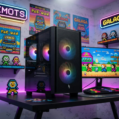 RGB gaming PC setup with 8-bit retro art, neon lights, mechanical keyboard, and pixel decor