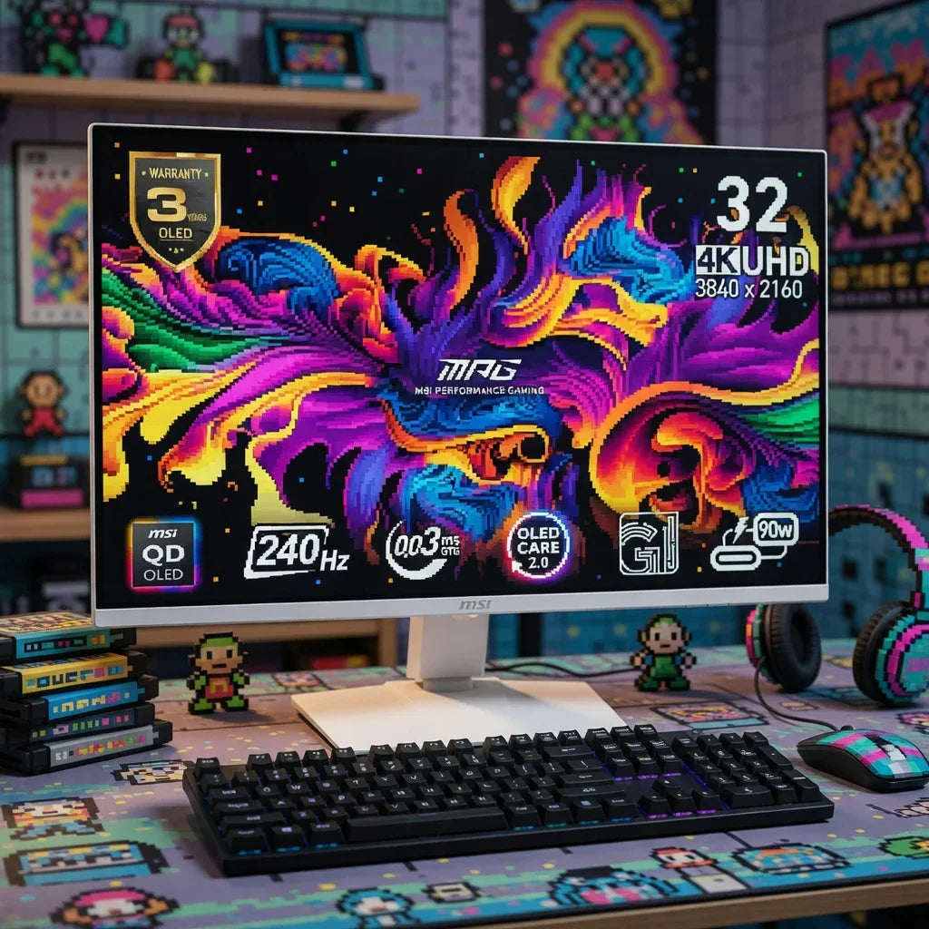 MSI 32-inch 4K UHD gaming monitor on retro pixel art desk with RGB keyboard and mouse
