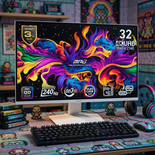 MSI 32-inch 4K UHD gaming monitor on retro pixel art desk with RGB keyboard and mouse