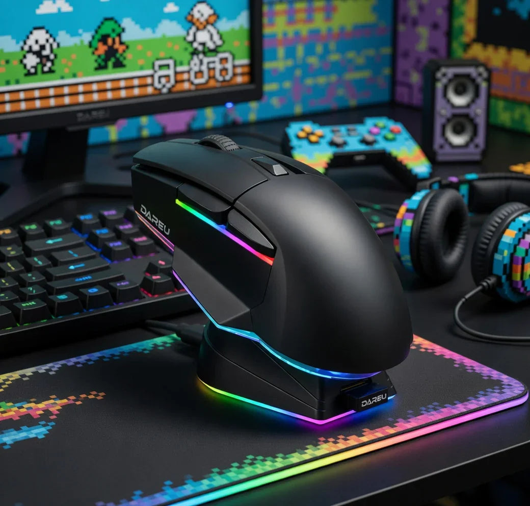 Dareu A955 Wireless Gaming Mouse | RGB Charging Dock | Tri-Mode | Up to 12,000 DPI | Fully Programmable | Up to 120Hr Battery