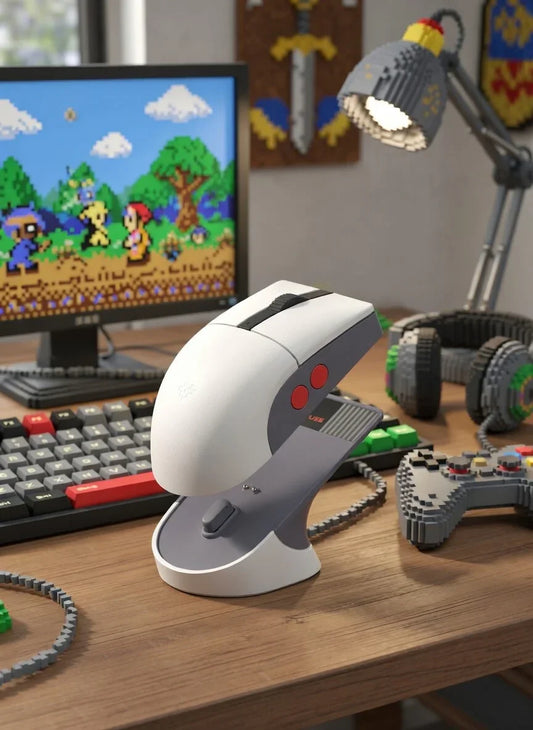 Retro gaming mouse on desk with pixel art keyboard, game controller, and pixel graphics on monitor