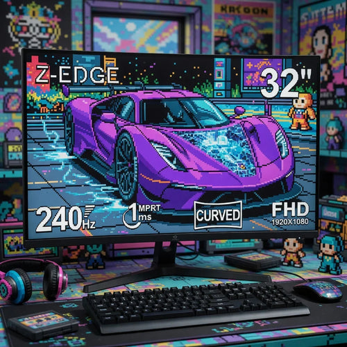 Curved 32-inch gaming monitor with 8-bit pixel art car, mechanical keyboard, mouse, and headset in a retro gaming setup.