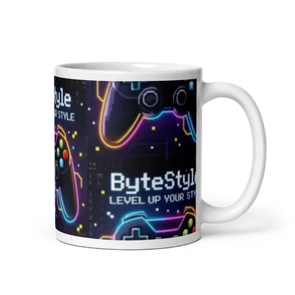 White mug with neon gaming controllers and pixel art style text ByteStyle Level Up Your Style