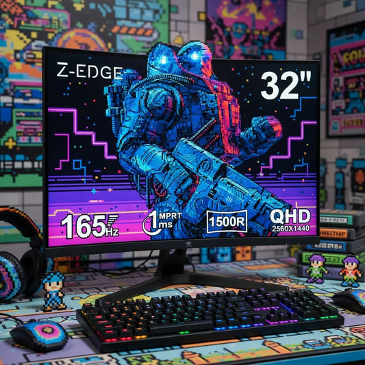 32-inch gaming monitor with 8-bit style art, RGB keyboard, mouse, and retro gaming decor