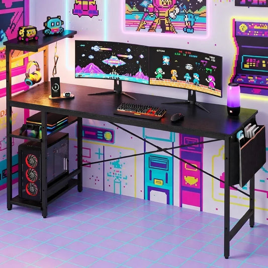 Retro 8-bit gaming setup with dual curved monitors, RGB PC, mechanical keyboard, and pixel art wall.