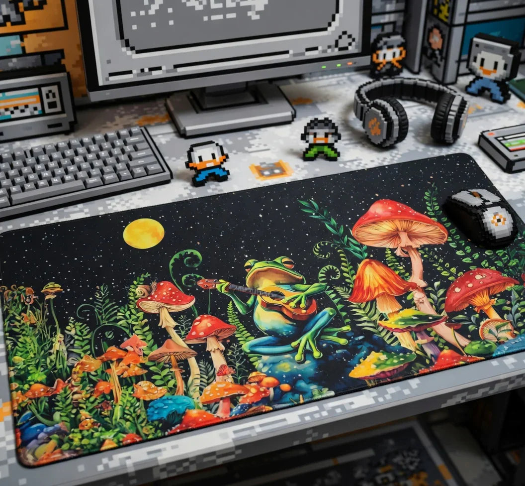 Retro gaming desk setup with 8-bit keyboard, pixel art decor, and colorful frog mouse pad