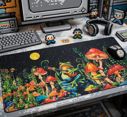 Retro gaming desk setup with 8-bit keyboard, pixel art decor, and colorful frog mouse pad