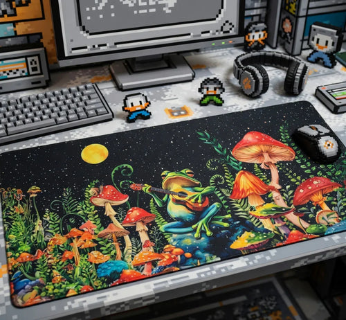Retro gaming desk setup with 8-bit keyboard, pixel art decor, and colorful frog mouse pad