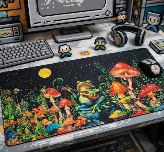 Retro gaming desk setup with 8-bit keyboard, pixel art decor, and colorful frog mouse pad