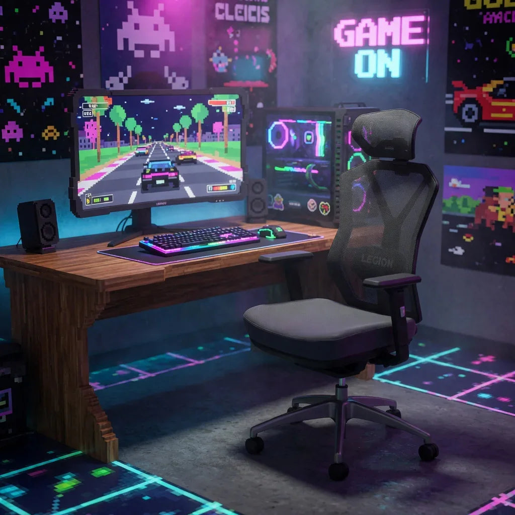 Retro 8-bit gaming setup with RGB keyboard, monitor, and Legion gaming chair in neon-lit room