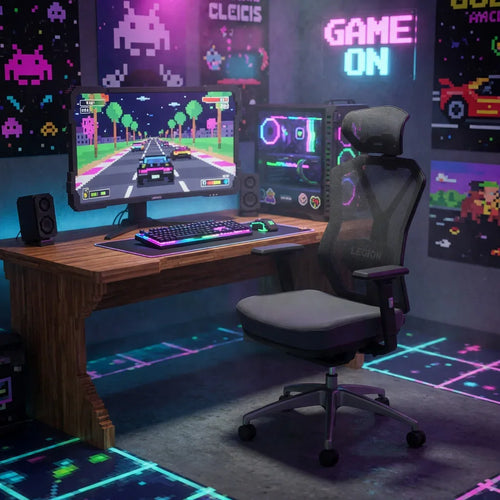 Retro 8-bit gaming setup with RGB keyboard, monitor, and Legion gaming chair in neon-lit room