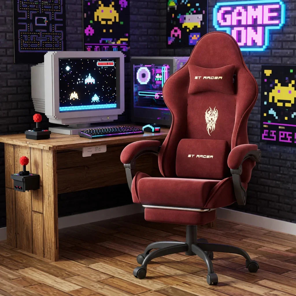 Red ST Racer gaming chair in retro 8-bit setup with arcade monitor, neon signs, and pixel art decor