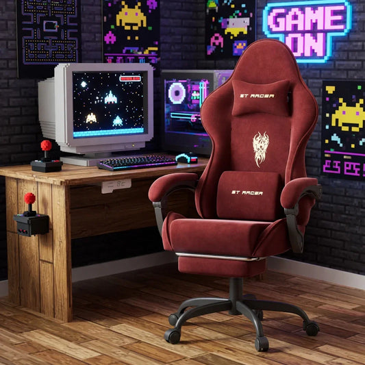 Red ST Racer gaming chair in retro 8-bit setup with arcade monitor, neon signs, and pixel art decor