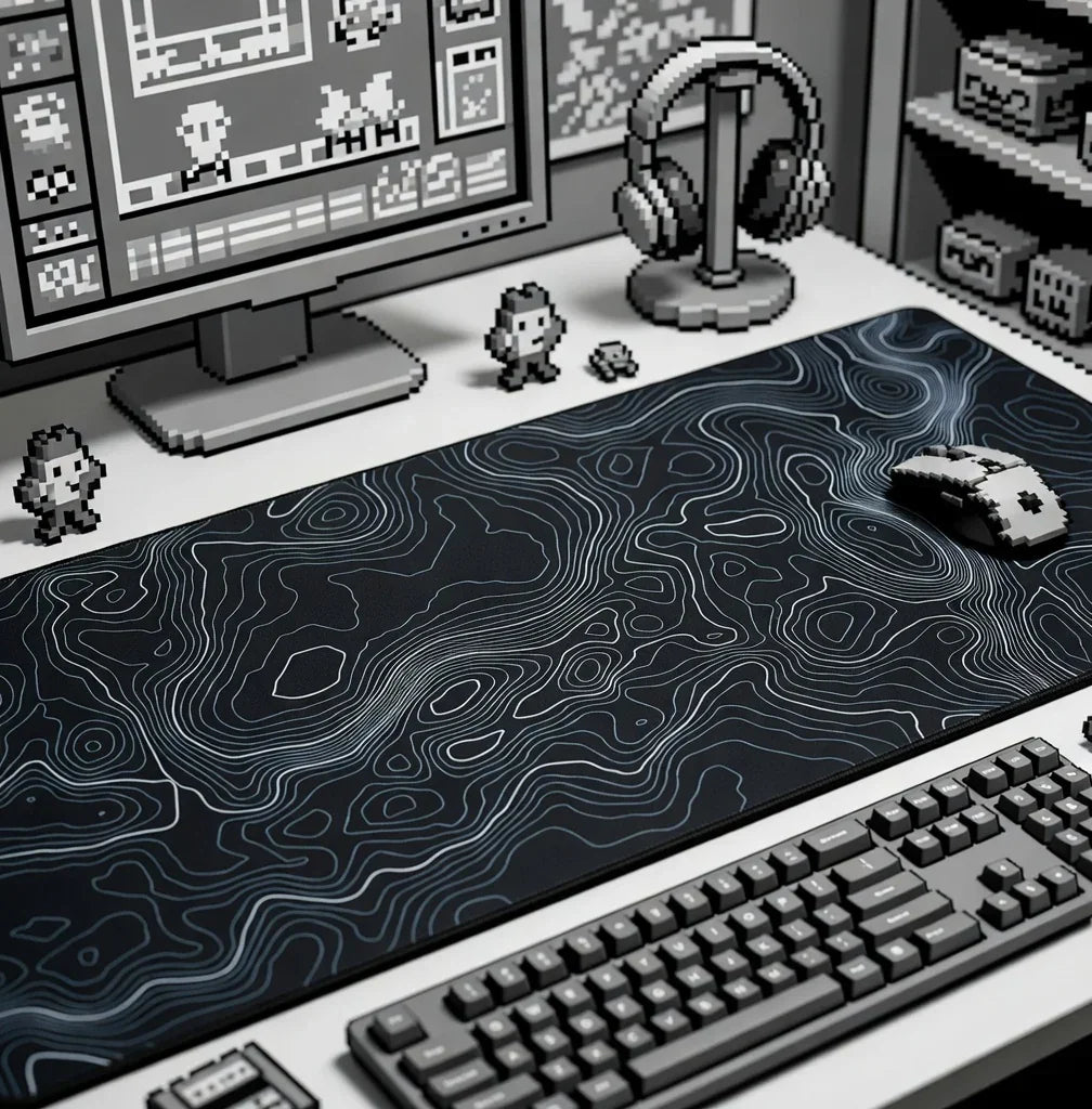 Retro 8-bit gaming desk setup with contour mouse pad, keyboard, mouse, and headset