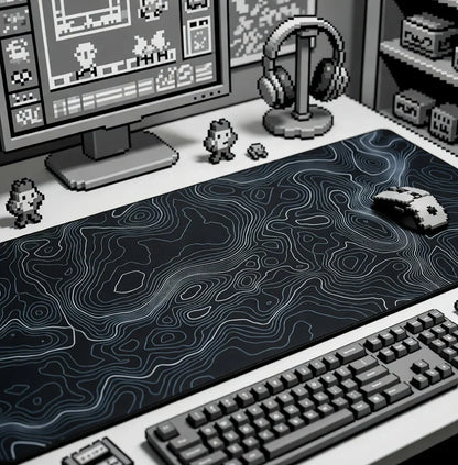 Retro 8-bit gaming desk setup with contour mouse pad, keyboard, mouse, and headset