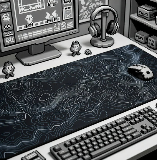Retro 8-bit gaming desk setup with contour mouse pad, keyboard, mouse, and headset