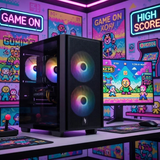 RGB gaming PC setup with 8-bit retro decor, monitor displaying pixel art game, arcade joystick