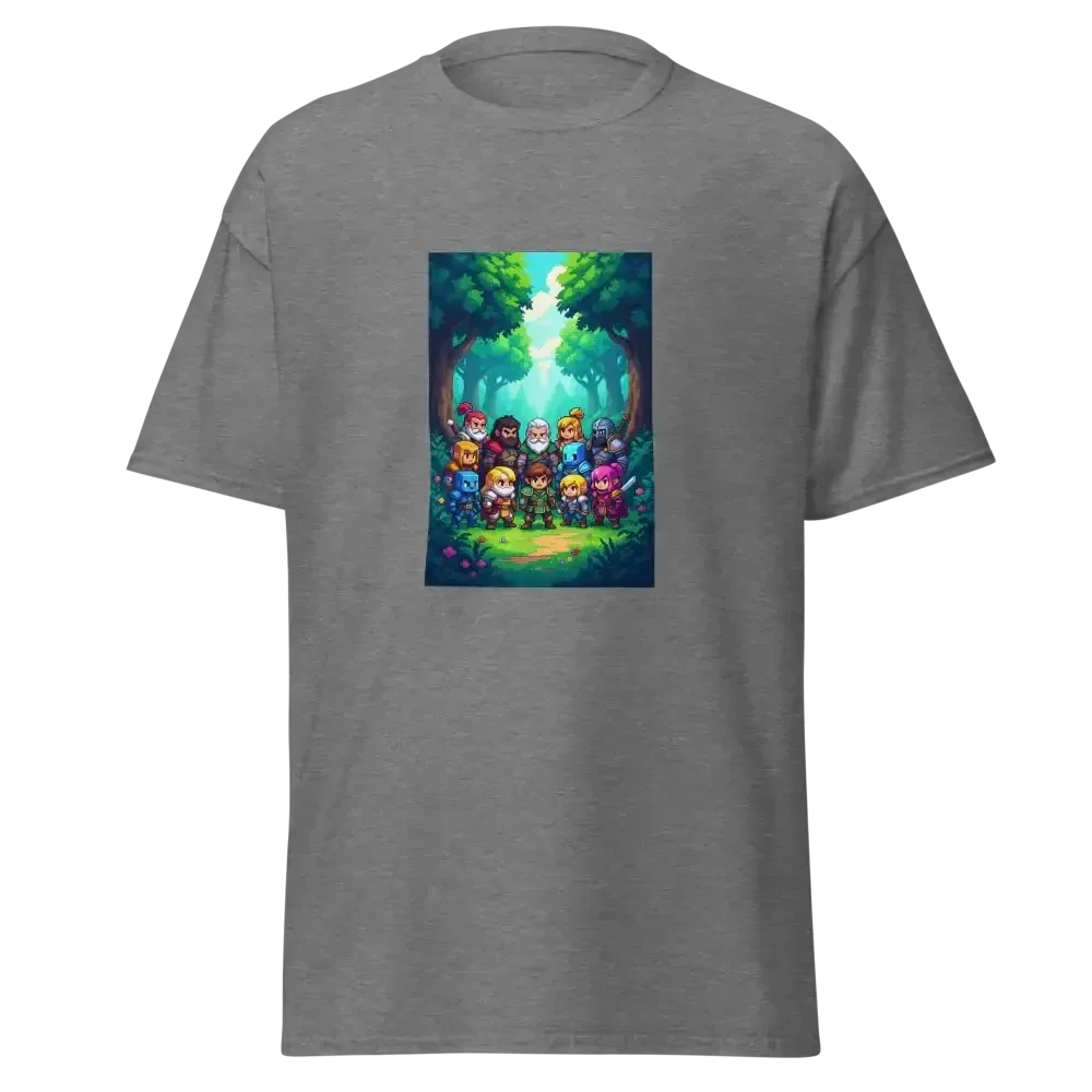 Gray T-shirt with colorful cartoon characters in a forest scene graphic on the front