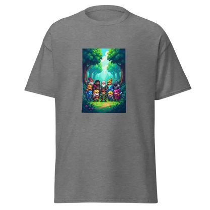 Gray T-shirt with colorful cartoon characters in a forest scene graphic on the front